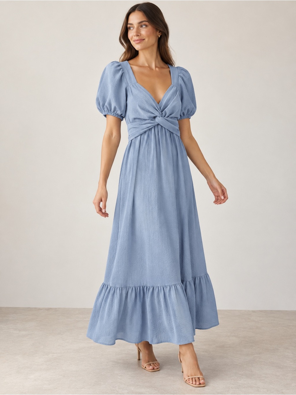 Astr Light Blue Twist-Front Puff-Sleeve Maxi Dress